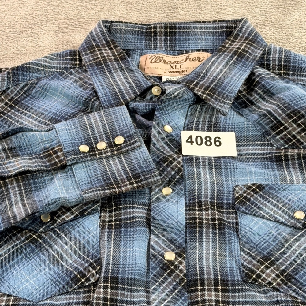 Wrancher by Wrangler Western Shirt Men XLT Blue Plaid Pearl Snap MTSC08B